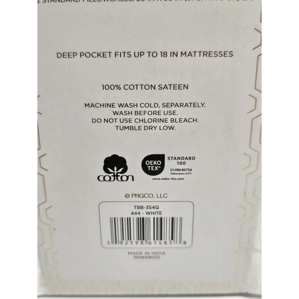 PAPYRUS   300 Thread Count 100%  Cotton Sateen Queen 4 Piece White Sheet Set‎